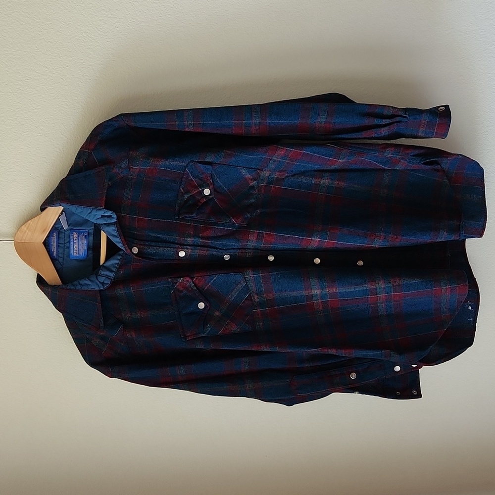 Pendleton High Grade Western Wear Pearl Snaps Red Blue Plaid Shirt Made USA Sz L